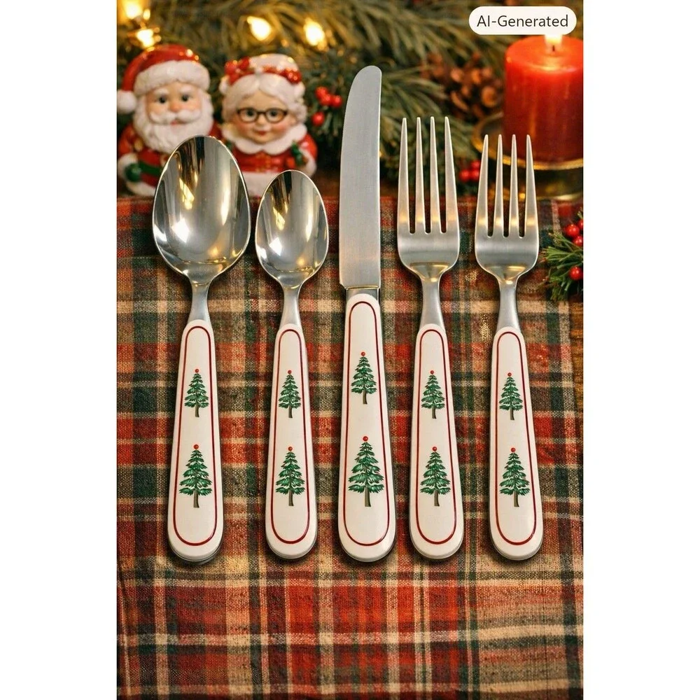 Oneida Furio Christmas Tree Flatware Set 40 Pc Service for 8 Vintage 1980 Used